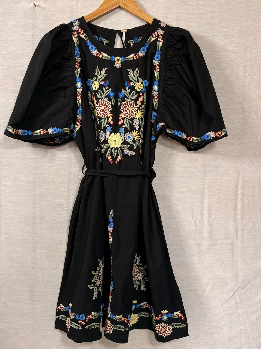 Free People Evangeline Black Floral Embroidered Boho Mini Dress M